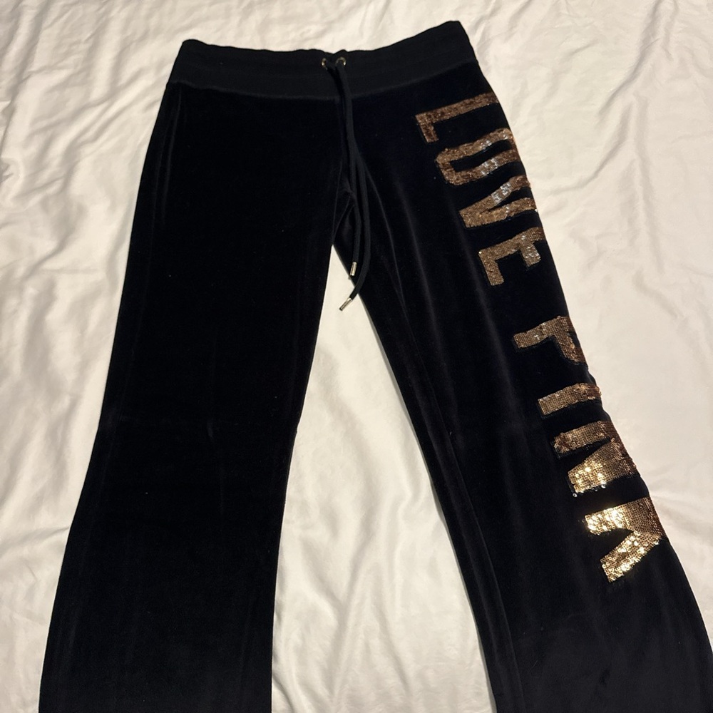 PINK Victoria's Secret Black Velvet Boot Cut Pants with Gold Sequin Logo